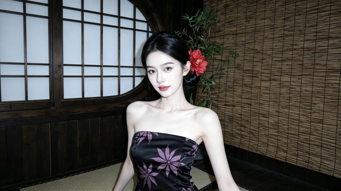3k气质美女壁纸｜日式室内背景图片 - 红花抹胸裙优雅穿搭「哲风壁纸」