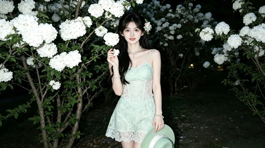 3k浅绿色裙美女壁纸｜绣球花夜晚背景图片 - 温柔风写真「哲风壁纸」