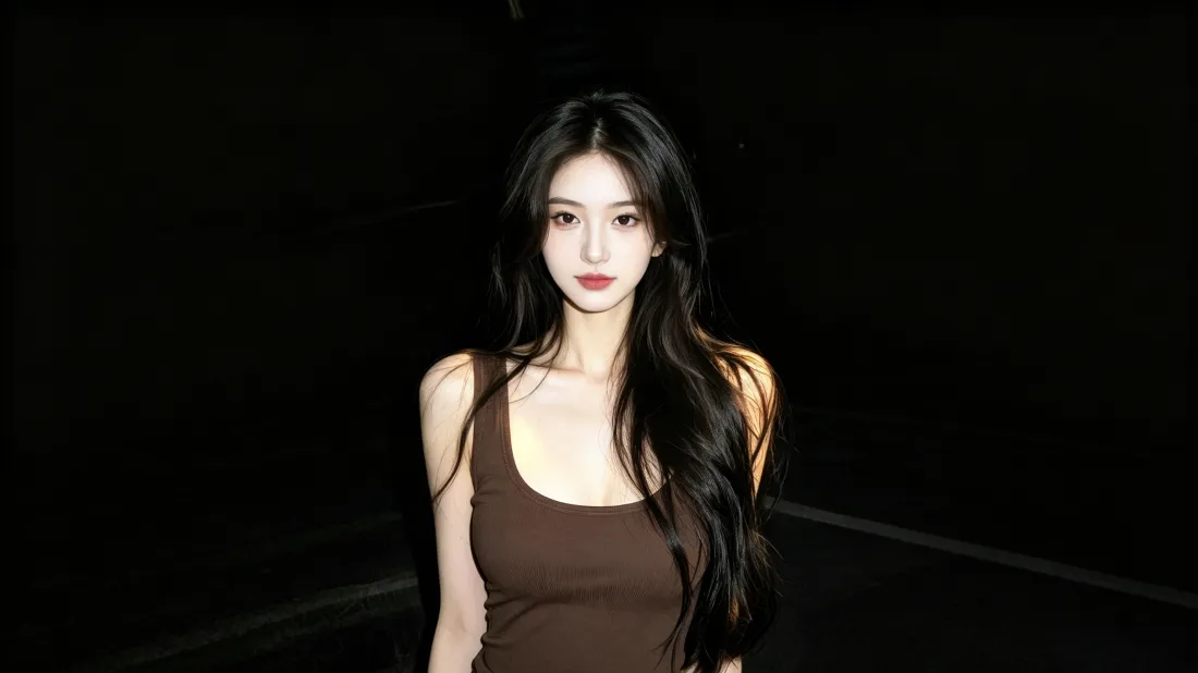 3k长发美女壁纸｜纯黑背景图片 - 气质吊带穿搭「哲风壁纸」