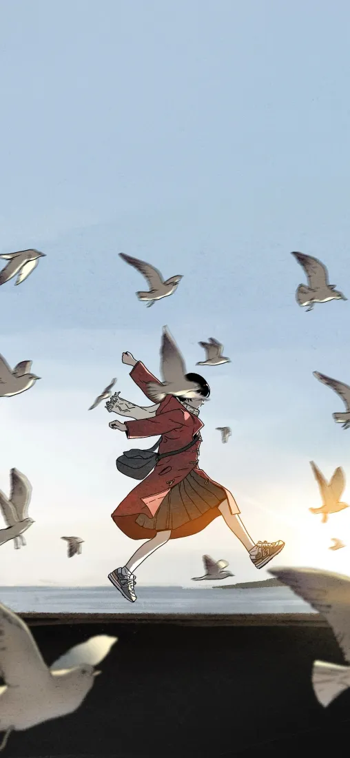 奔跑的红衣女孩手机壁纸｜蓝天鸽子背景图片 - 治愈插画「哲风壁纸」
