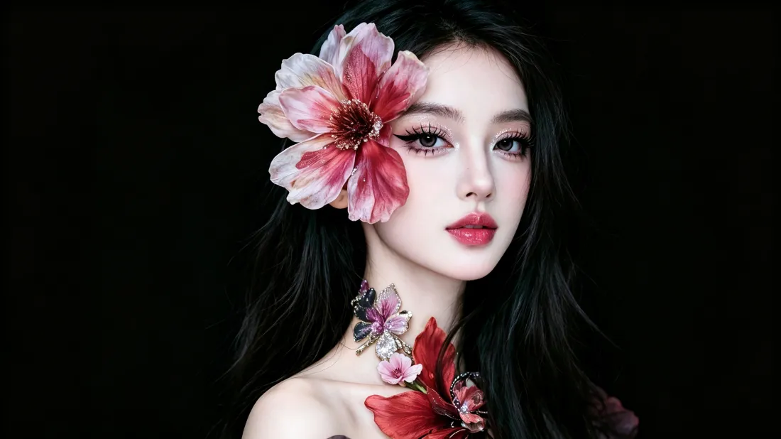 3k花饰美女壁纸｜黑色背景图片 - 精致氛围感人像「哲风壁纸」