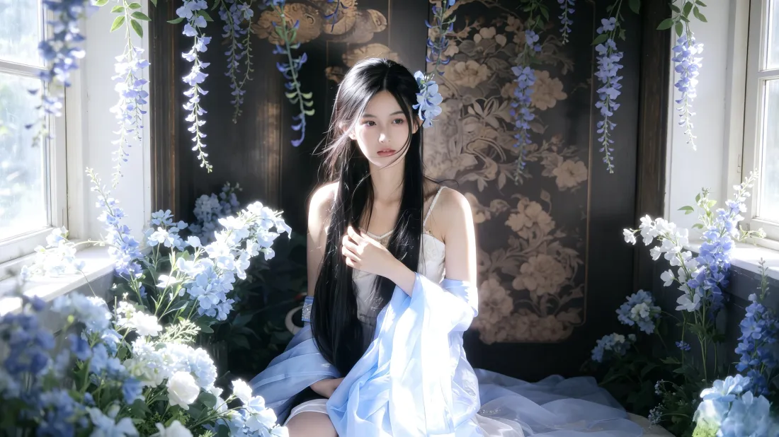 3k长发美女壁纸｜蓝花窗边背景图片 - 清冷氛围感写真「哲风壁纸」