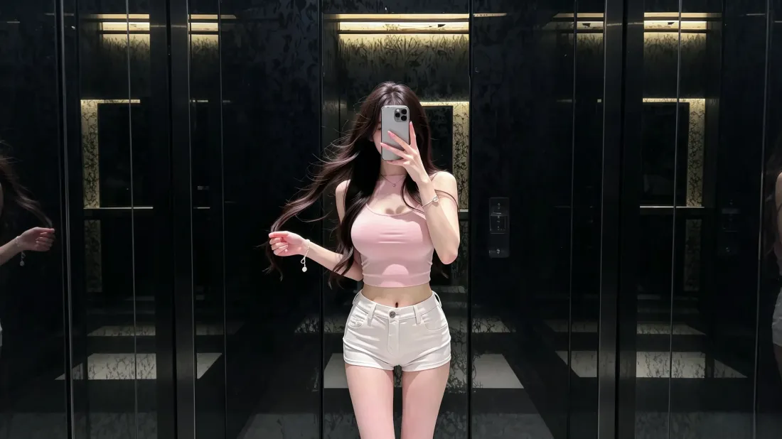 3k时尚美女壁纸｜粉色吊带穿搭背景图片 - 电梯对镜自拍「哲风壁纸」