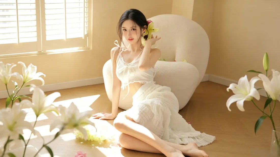 3k白裙美女壁纸｜阳光居家背景图片 - 百合花氛围感「哲风壁纸」