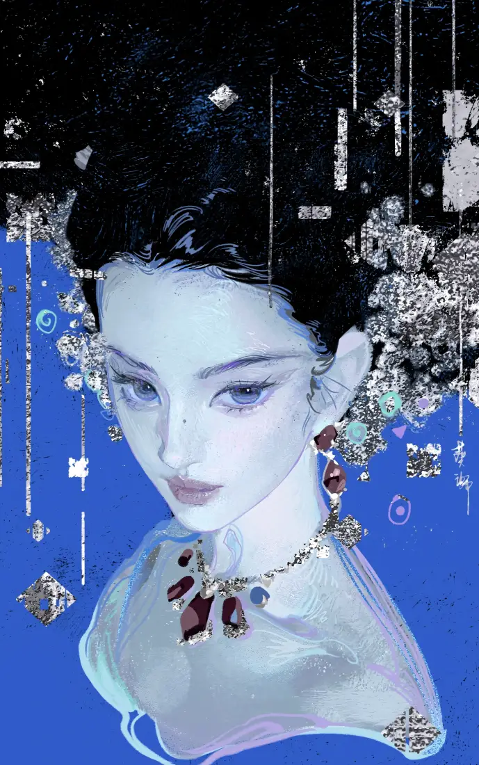 刘亦菲手机壁纸｜蓝色古风插画背景图片 - 清冷美人珠宝配饰「哲风壁纸」