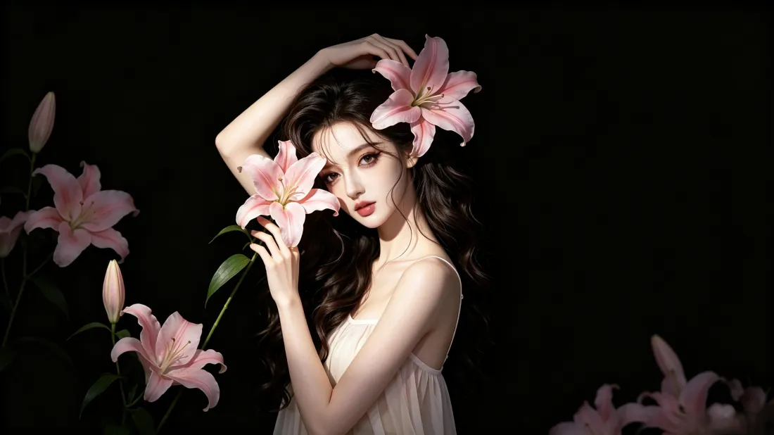 3k粉百合少女壁纸｜纯黑氛围感背景图片 - 气质人像写真「哲风壁纸」