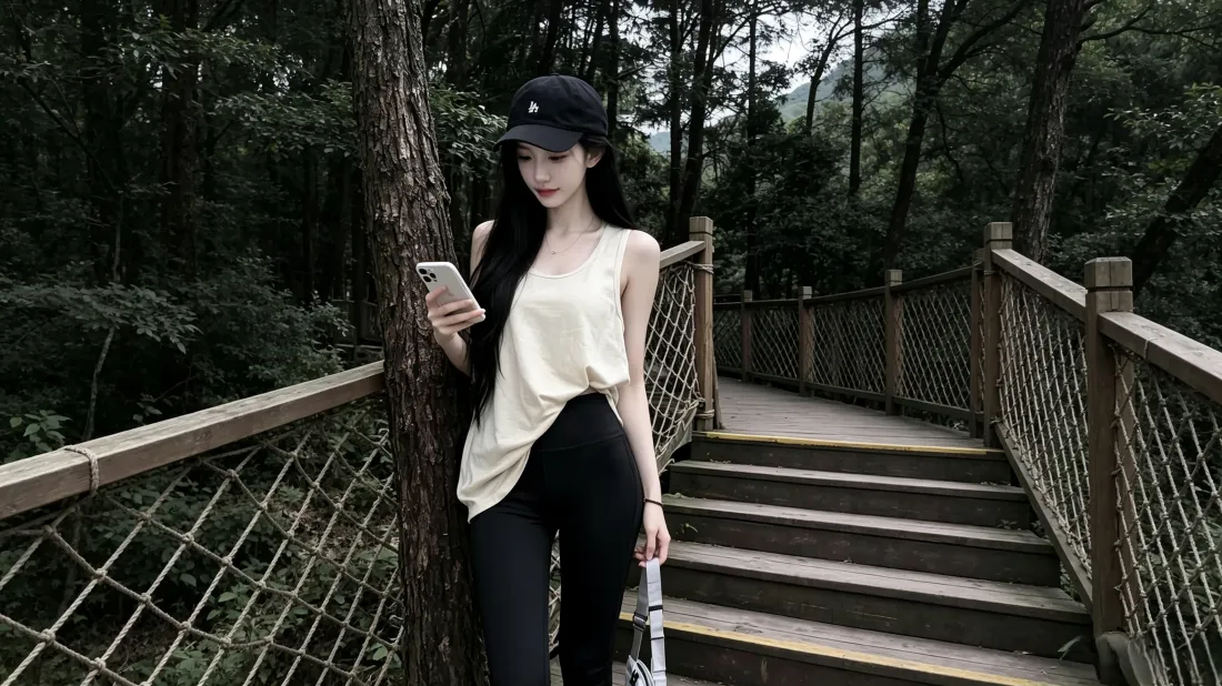3k鸭舌帽美女壁纸｜林间栈道背景图片 - 休闲户外穿搭「哲风壁纸」