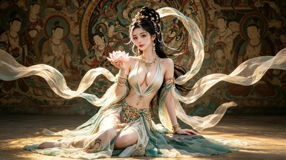 3k敦煌飞天仙女壁纸｜国风壁画背景图片 - 手持莲花仙气灵动「哲风壁纸」
