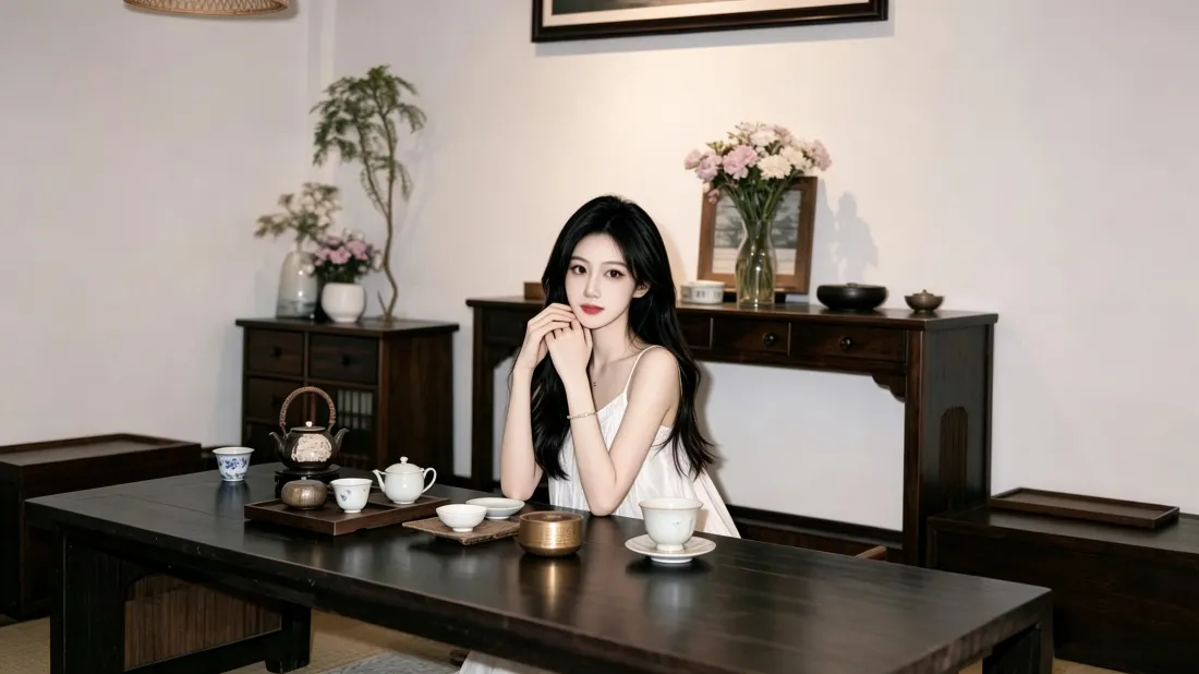 3k优雅美女壁纸｜新中式茶室背景图片 - 温柔氛围感「哲风壁纸」