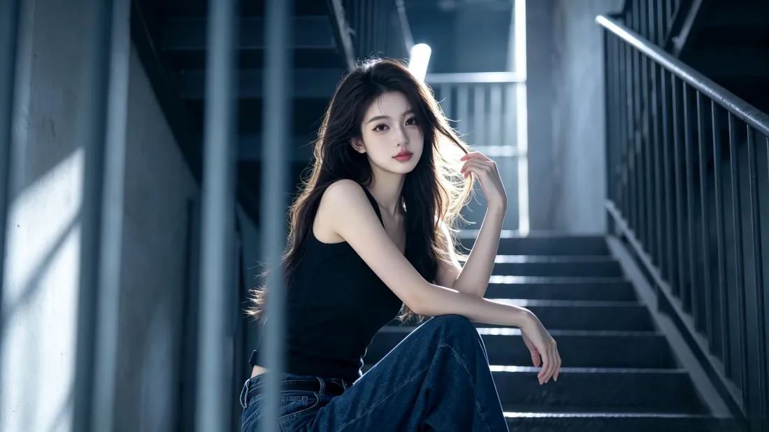 3k长发美女壁纸｜冷调光影背景图片 - 氛围感楼梯人像「哲风壁纸」