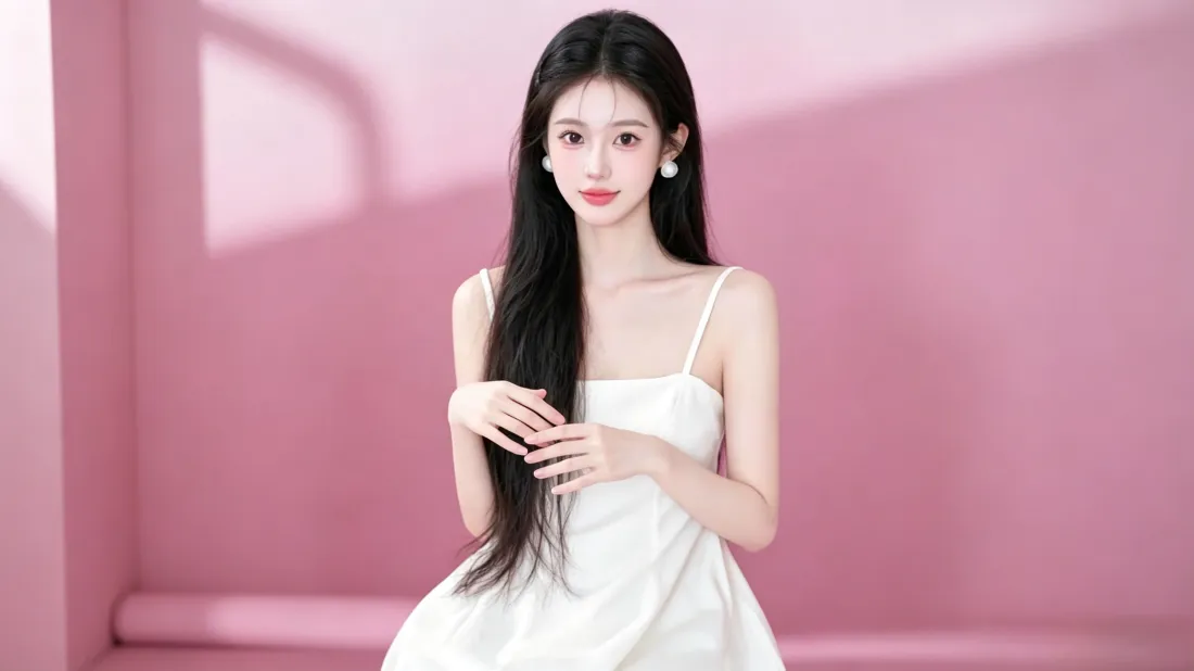 3k清纯长发美女壁纸｜粉色背景图片 - 白色吊带裙时尚写真「哲风壁纸」