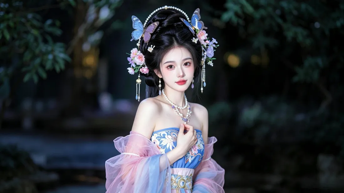 3k古风汉服美女壁纸｜夜色庭院背景图片 - 仙气精致造型「哲风壁纸」
