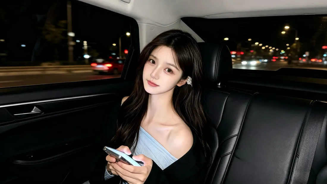 3k长发美女壁纸｜车内夜景背景图片 - 气质高颜值氛围感少女「哲风壁纸」