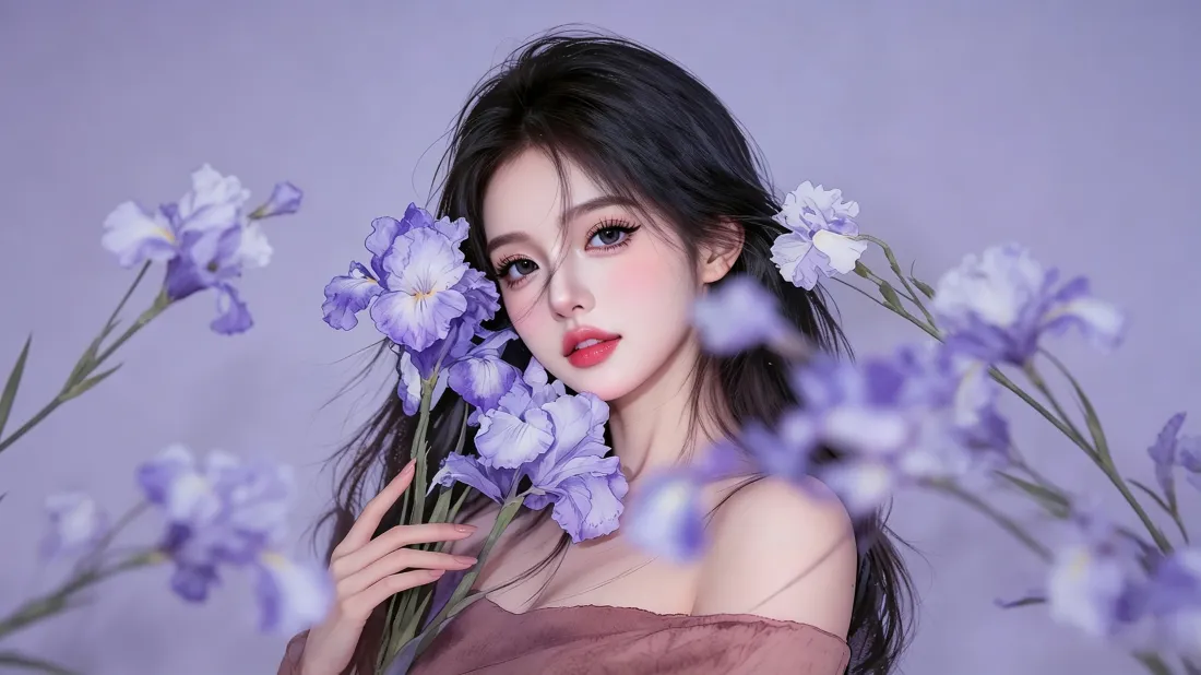 3k纯欲美女壁纸｜紫色鸢尾花背景图片 - 氛围感写真「哲风壁纸」