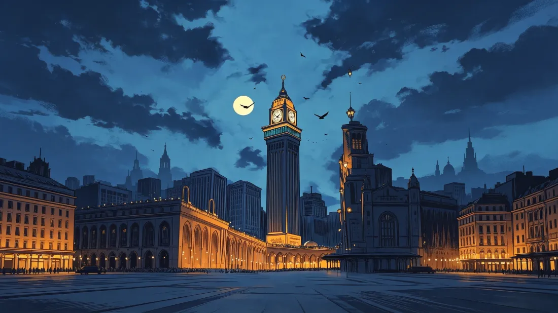 3k欧式钟楼夜景壁纸｜月光城市建筑背景图片 - 手绘插画「哲风壁纸」