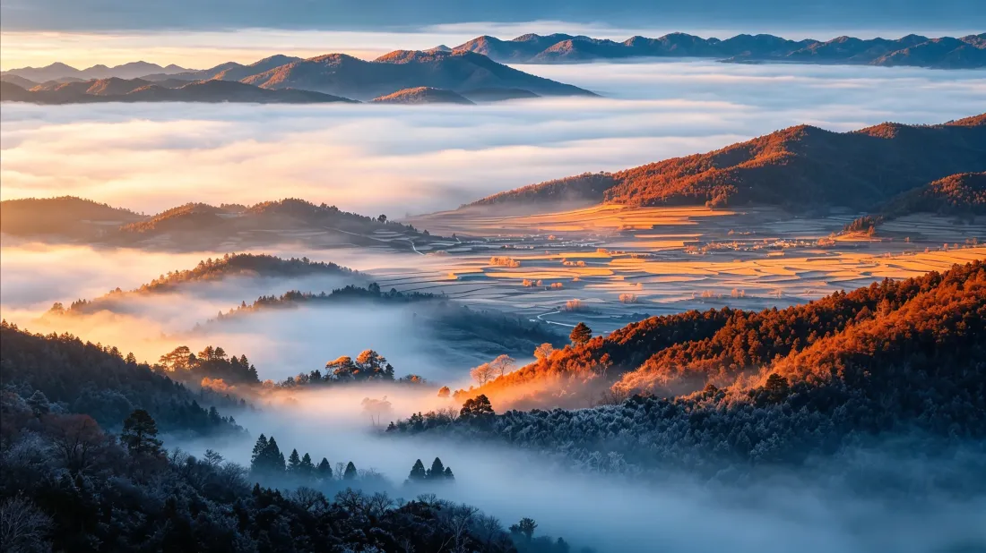 3k山间云海壁纸｜晨光山峦背景图片 - 秋日晨雾风光「哲风壁纸」
