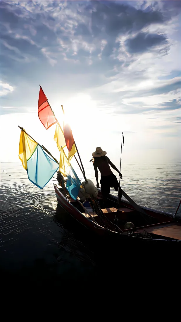 帆船手机壁纸｜海边黄昏风景背景图片 - 渔船人物剪影「哲风壁纸」