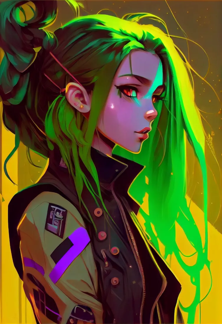 赛博朋克女孩手机壁纸｜霓虹科幻背景图片 - 绿发动漫插画「哲风壁纸」