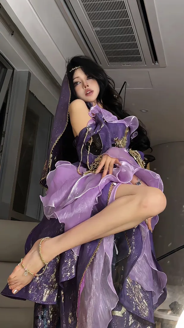 紫衣美女手机壁纸｜室内背景图片 - 异域风纱裙穿搭「哲风壁纸」