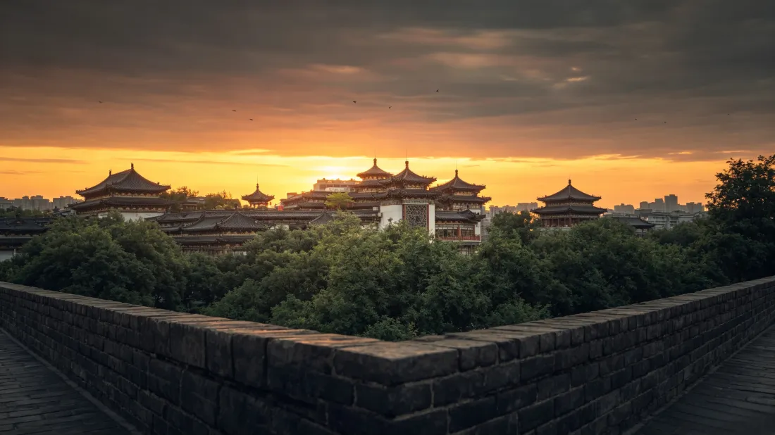 3k中式古建筑群壁纸｜城墙日落背景图片 - 黄昏古风风景「哲风壁纸」