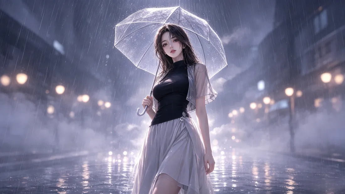 3k撑伞美女壁纸｜雨夜街头背景图片 - 清冷氛围感写真「哲风壁纸」