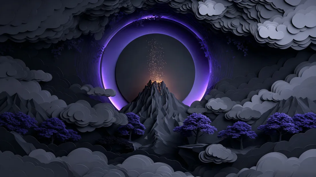 3k紫色光环山峦壁纸｜创意云层背景图片 - 艺术剪纸风「哲风壁纸」