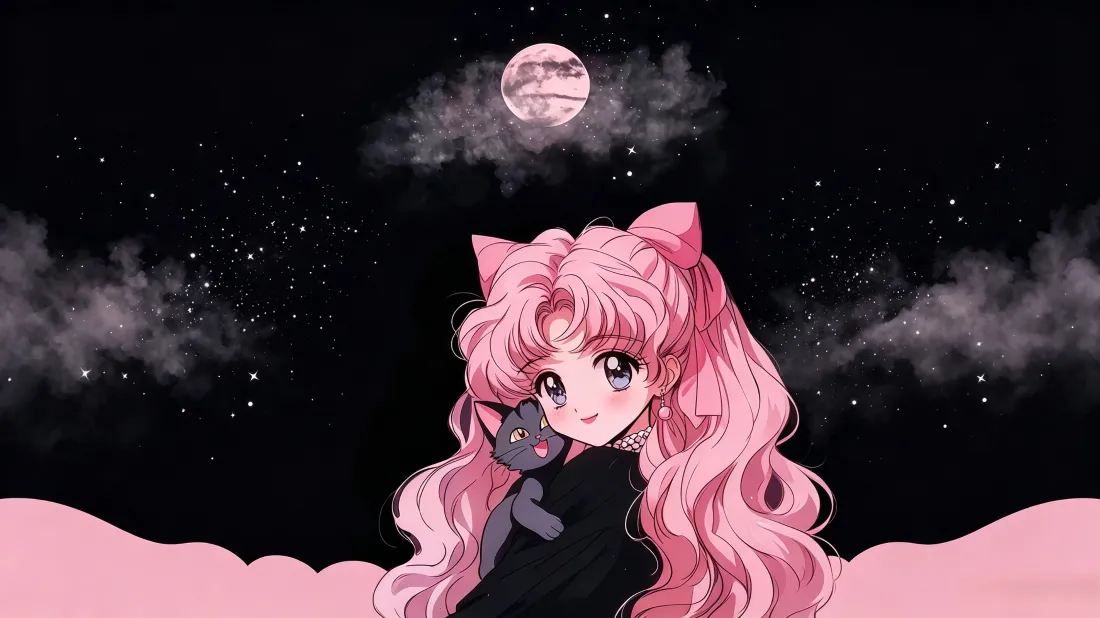 3k粉发猫耳少女壁纸｜月夜星空背景图片 - 抱黑猫二次元插画「哲风壁纸」