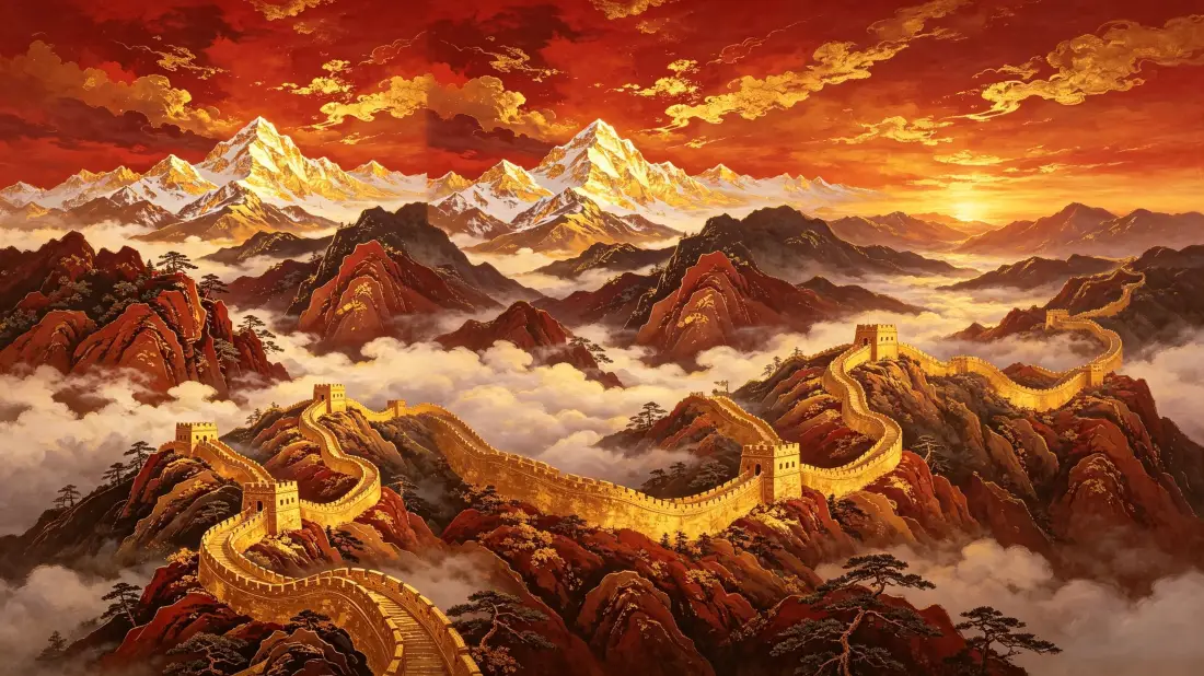 3k万里长城壁纸｜云海雪山日落背景图片 - 壮丽风光「哲风壁纸」