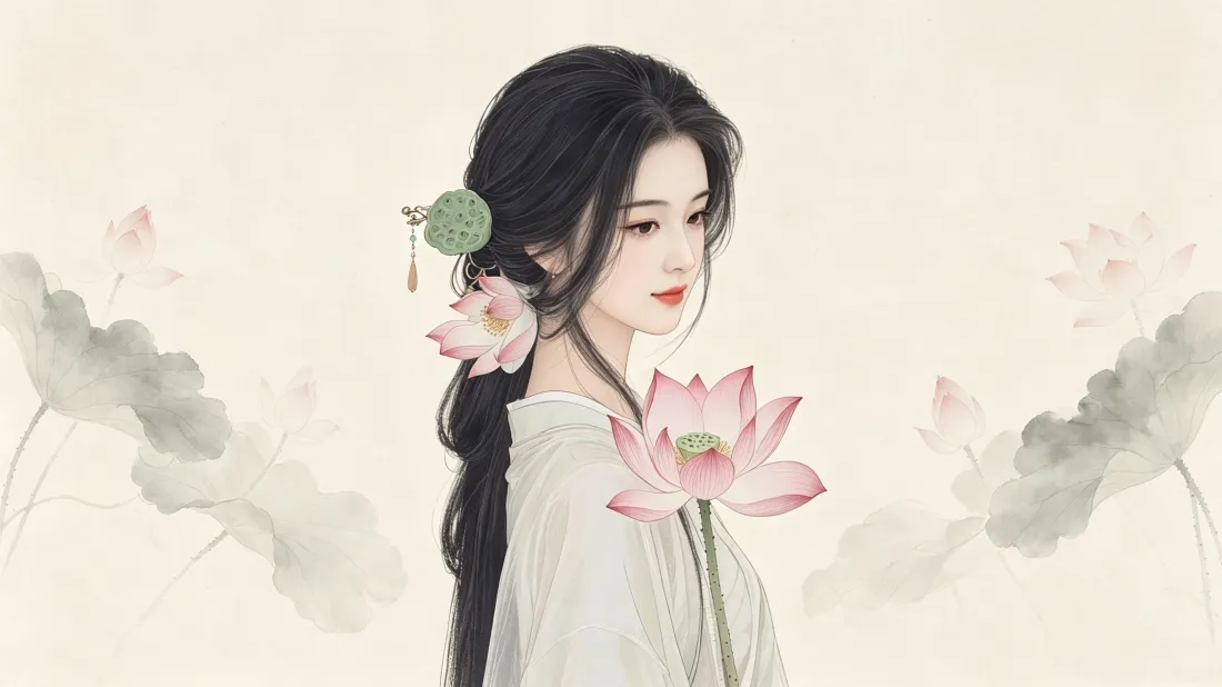 3k古风荷花美人壁纸｜水墨国风背景图片 - 手绘插画「哲风壁纸」