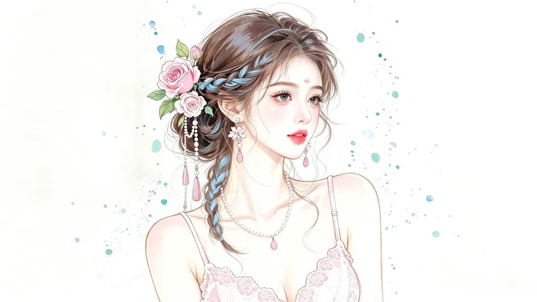 3k手绘少女壁纸｜粉玫瑰编发氛围感背景图片 - 清新水彩风「哲风壁纸」