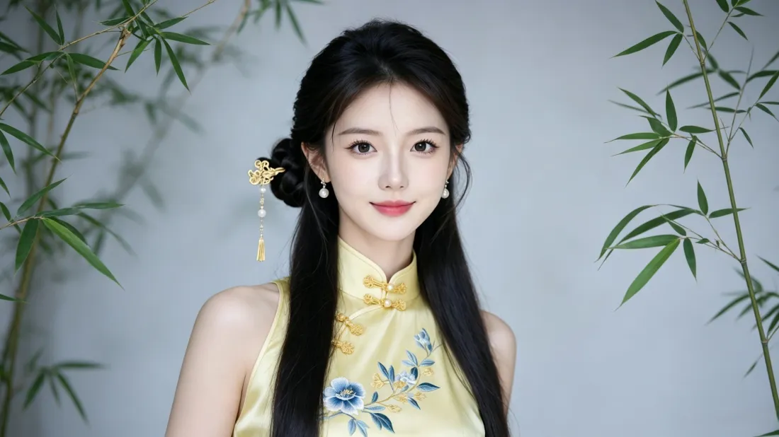 3k旗袍美女壁纸｜翠竹浅灰背景图片 - 清新温婉国风气质「哲风壁纸」