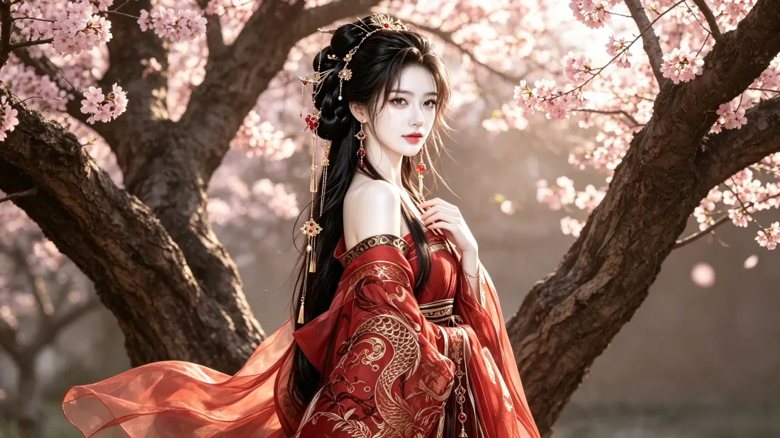 3k红衣古风美人壁纸｜桃花树下背景图片 - 二次元古风插画「哲风壁纸」