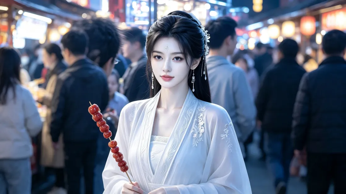3k高颜值古风白衣美女壁纸｜热闹夜市背景图片 - 手持糖葫芦「哲风壁纸」