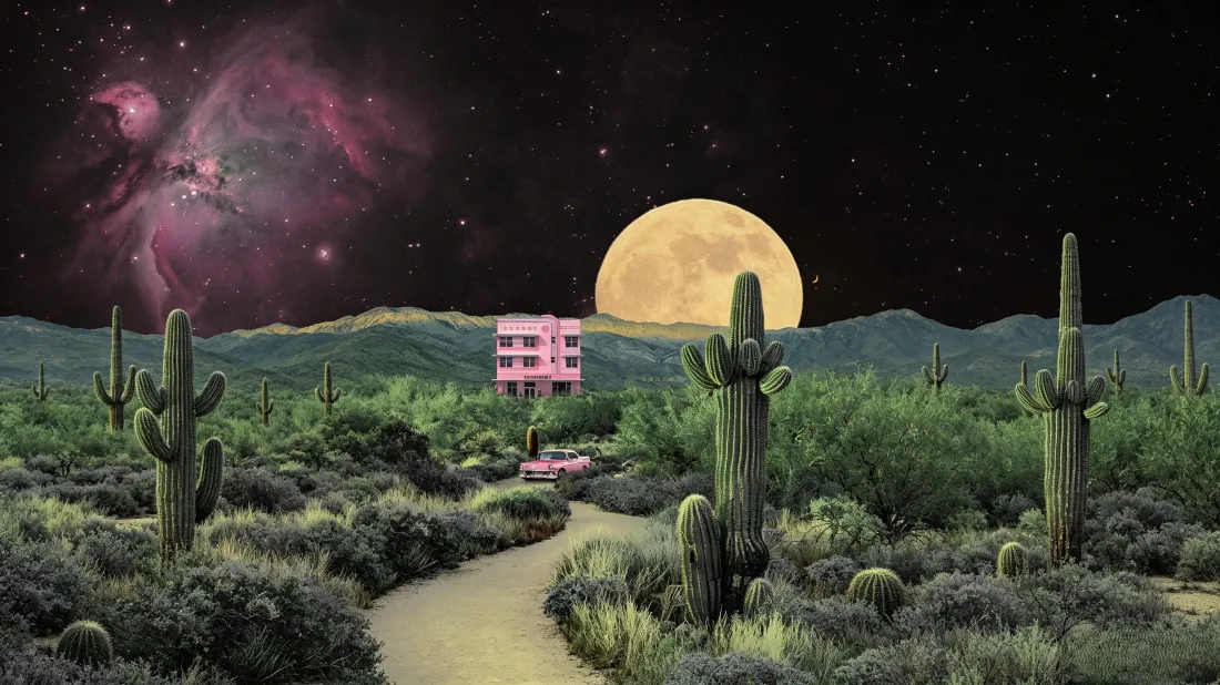 3k荒漠月夜壁纸｜仙人掌粉色建筑背景图片 - 星空风景「哲风壁纸」