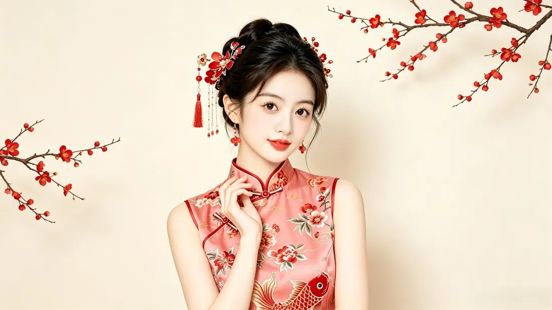 3k国风旗袍美女壁纸｜红梅浅黄背景图片 - 优雅氛围感写真「哲风壁纸」