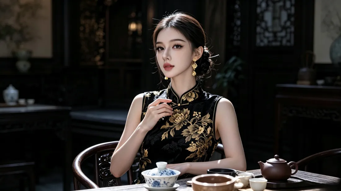 3k黑金旗袍美女壁纸｜国风茶室背景图片 - 优雅复古「哲风壁纸」