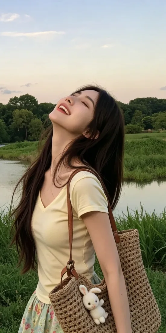清新甜美少女手机壁纸｜郊外河边背景图片 - 松弛治愈休闲时刻「哲风壁纸」
