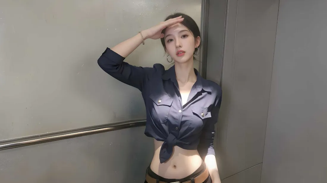 2k美女壁纸｜电梯间背景图片 - 辣妹露脐工装衬衣写真「哲风壁纸」