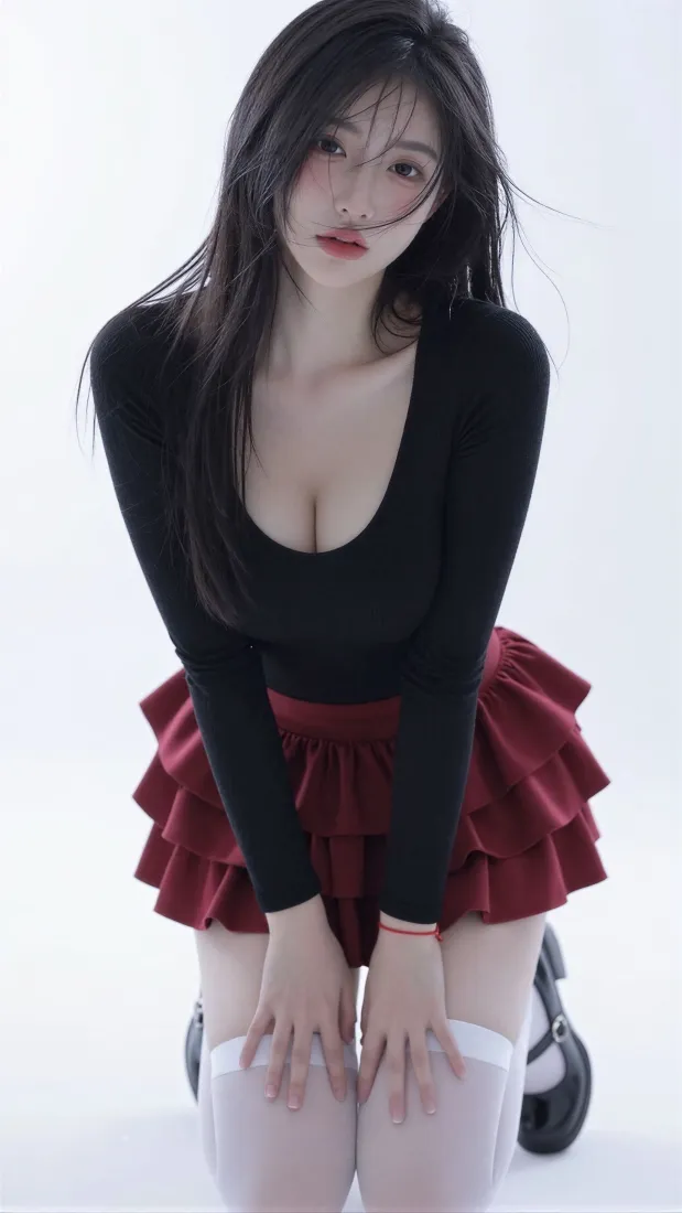 美女手机壁纸｜纯白背景图片 - 百褶裙氛围感穿搭写真「哲风壁纸」