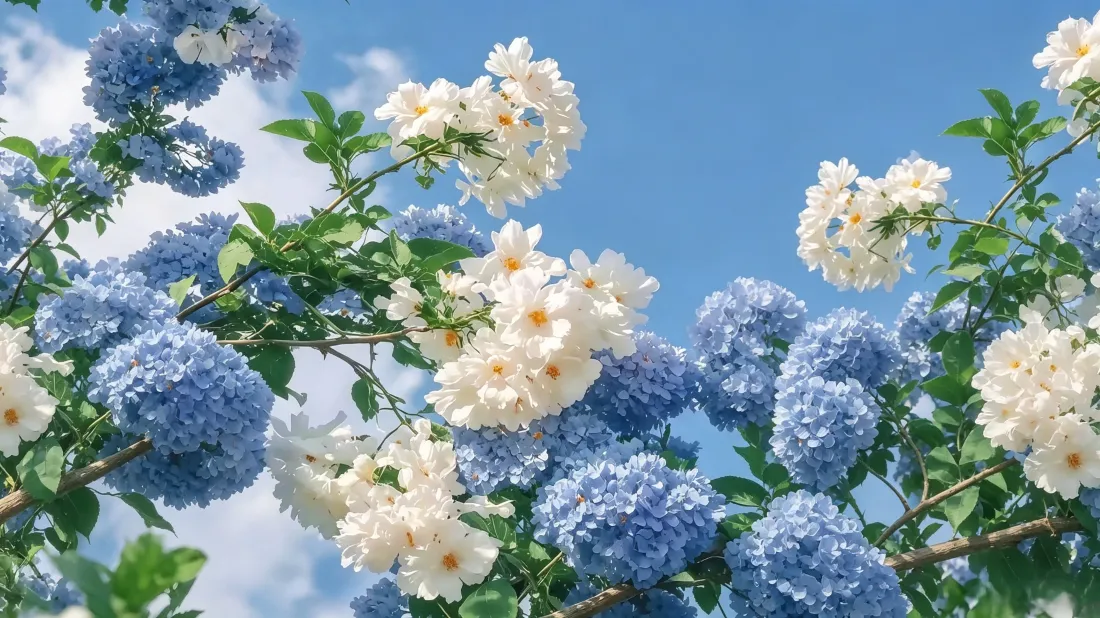3k蓝白绣球花壁纸｜蓝天绿叶花丛背景图片 - 清新治愈「哲风壁纸」