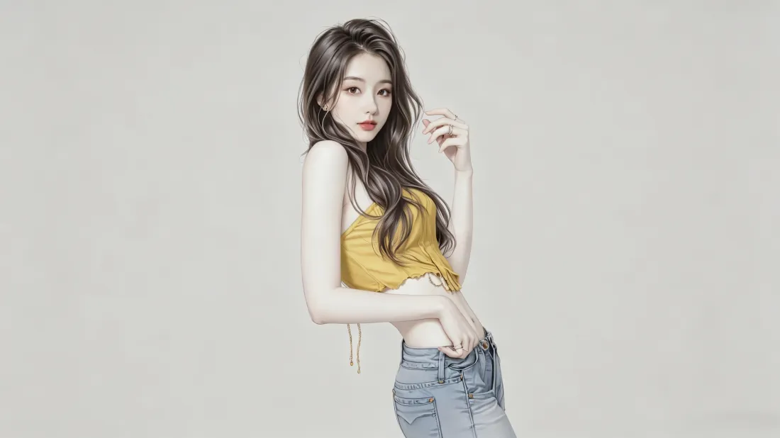 3k长发美女壁纸｜浅灰背景图片 - 时尚穿搭写真「哲风壁纸」