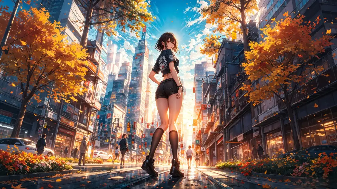 3k动漫少女壁纸｜秋日城市街道背景图片 - 治愈风插画「哲风壁纸」