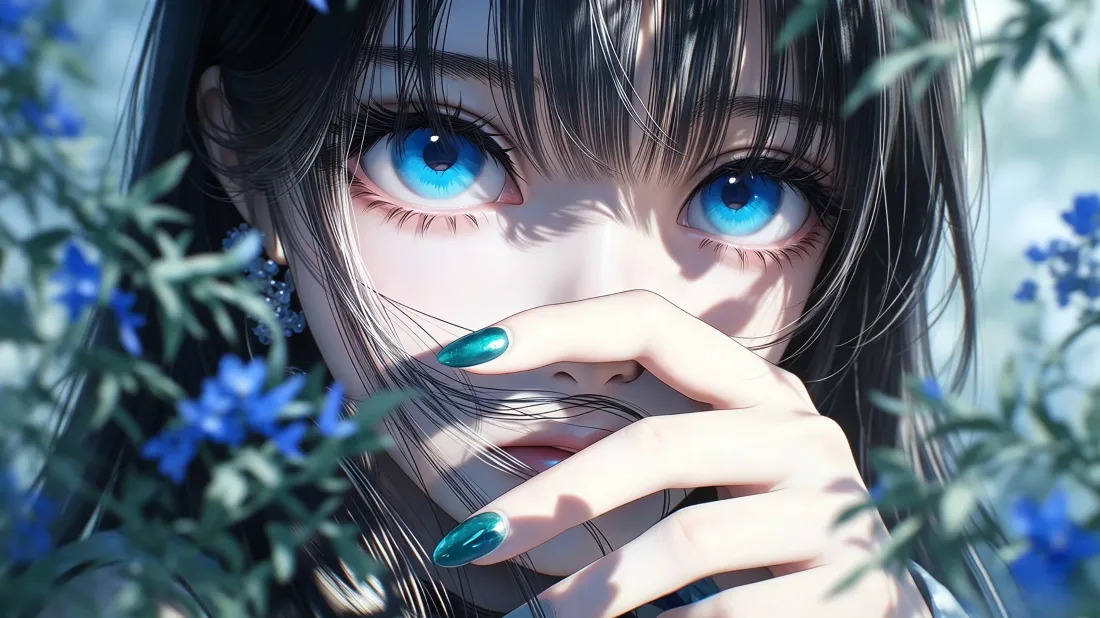 3k蓝眼睛二次元少女壁纸｜花丛背景图片 - 清冷感插画「哲风壁纸」
