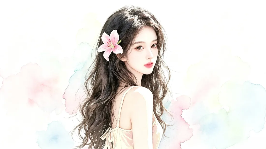 3k卷发粉花美女壁纸｜淡彩梦幻背景图片 - 温柔手绘插画「哲风壁纸」
