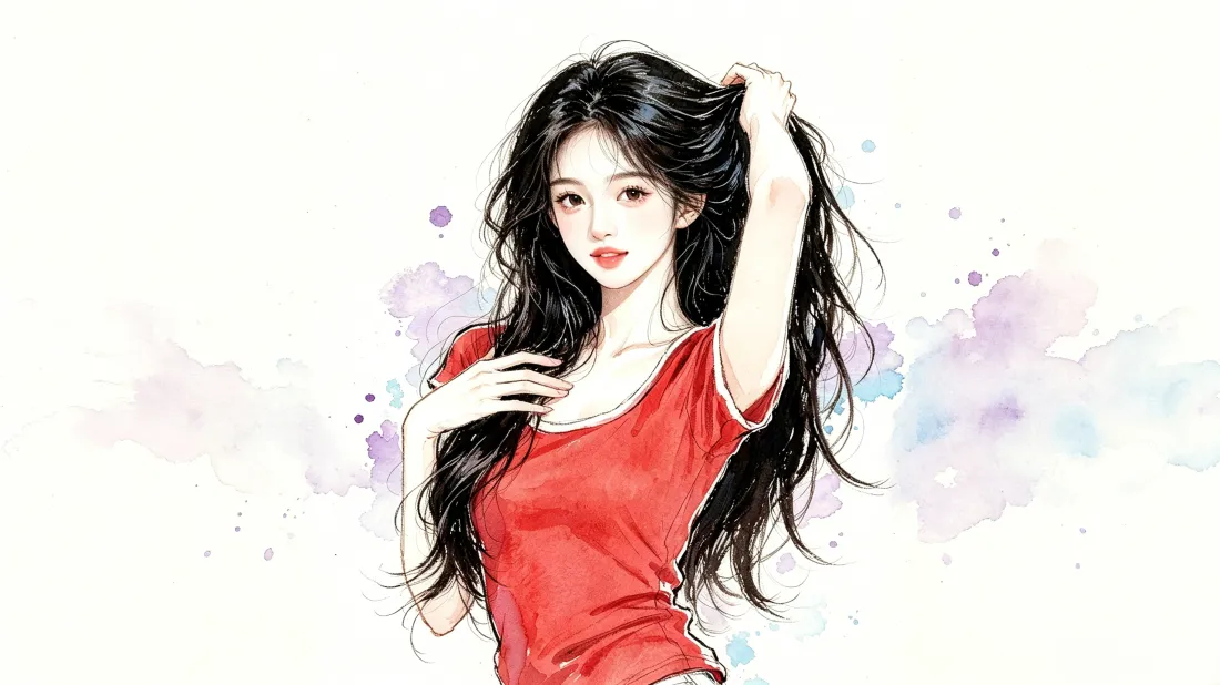 3k红衣卷发美女壁纸｜水彩风背景图片 - 氛围感手绘插画「哲风壁纸」