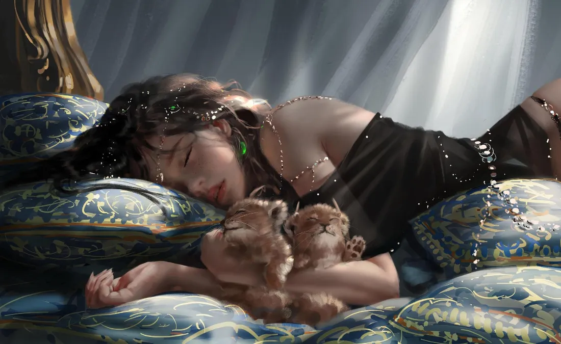 2k鬼刀壁纸｜侧卧少女背景图片 - WLOP插画「哲风壁纸」