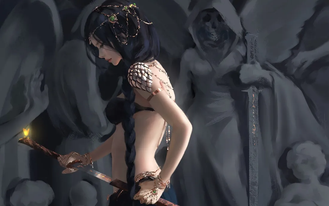2k鬼刀风玲壁纸｜幽暗石像背景图片 - WLOP原创数字插画「哲风壁纸」