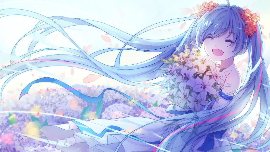 2k初音未来壁纸｜春日花海背景图片 - 蓝发双马尾少女「哲风壁纸」