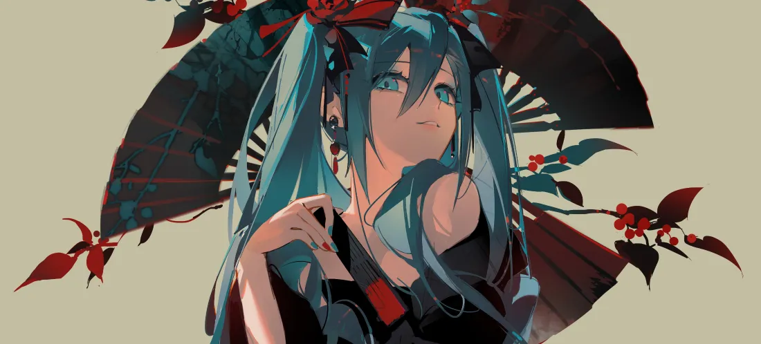4k初音未来壁纸｜和风插画背景图片 - 蓝发红花油纸伞「哲风壁纸」