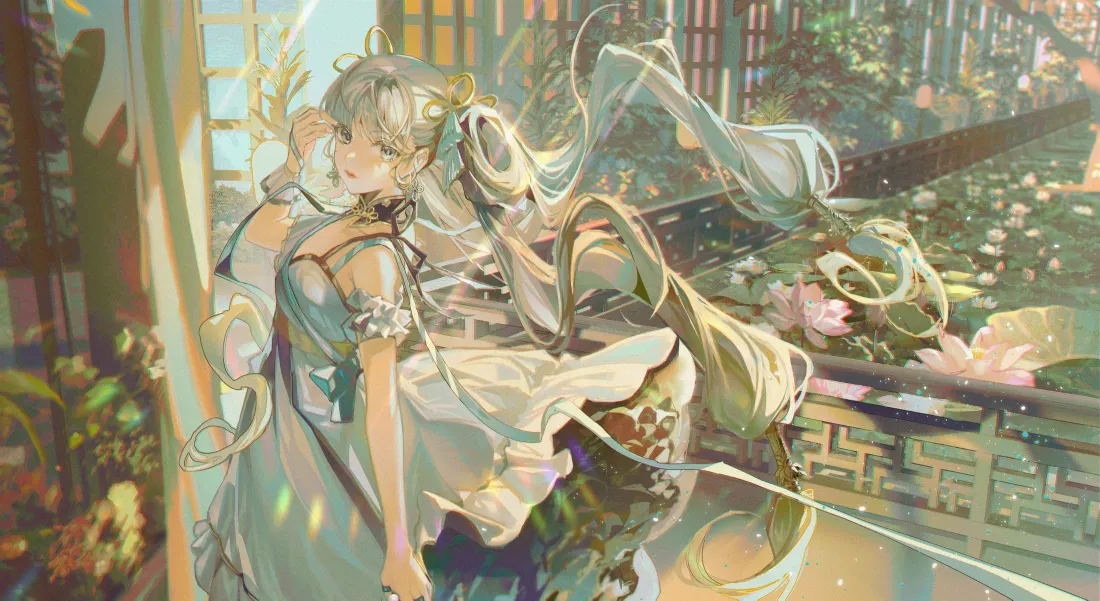 3k鸣潮壁纸｜中式庭院绿植背景图片 - 银发双马尾少女「哲风壁纸」